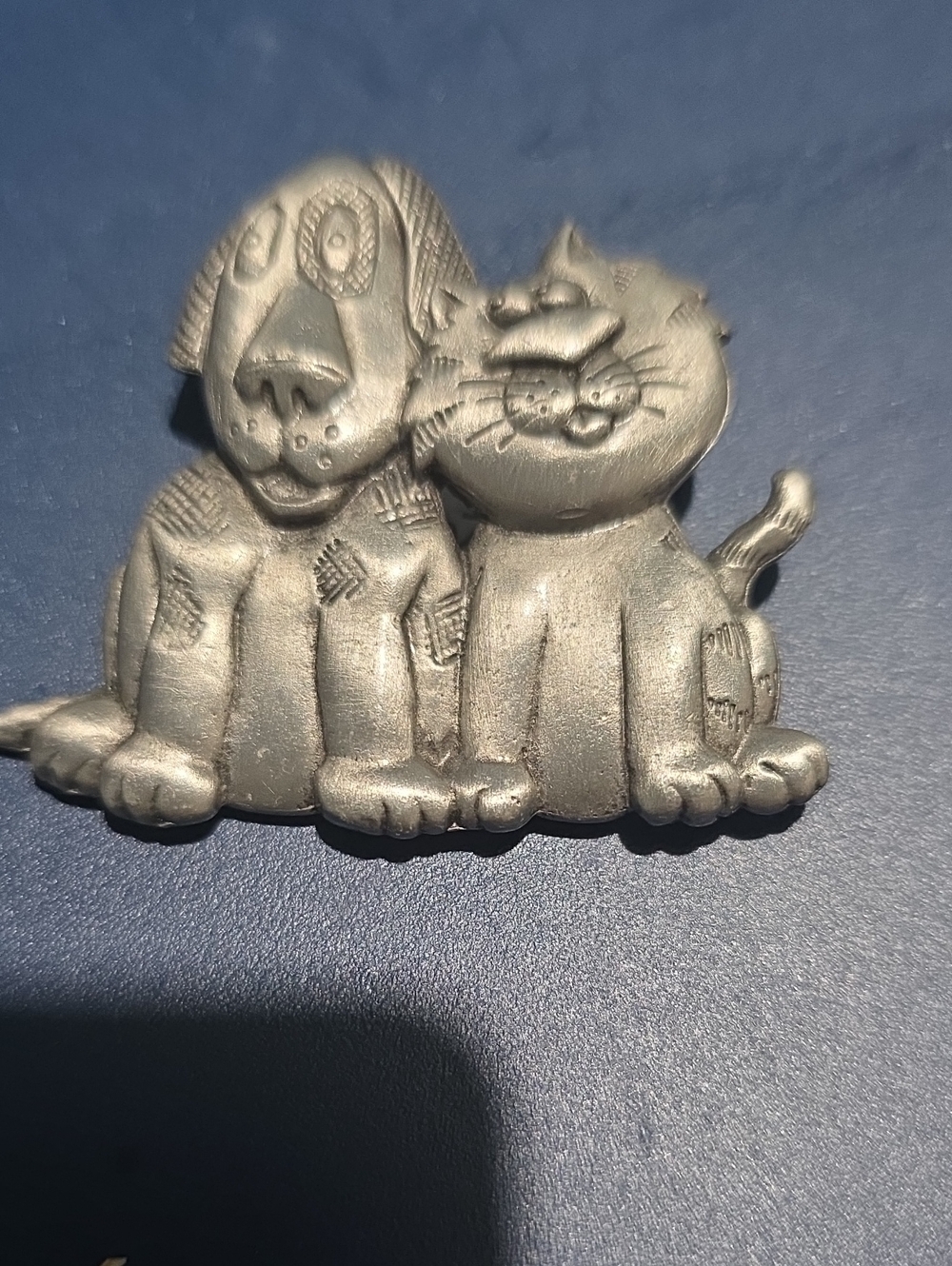 Vintage Pewter Dog And Cat Brooch